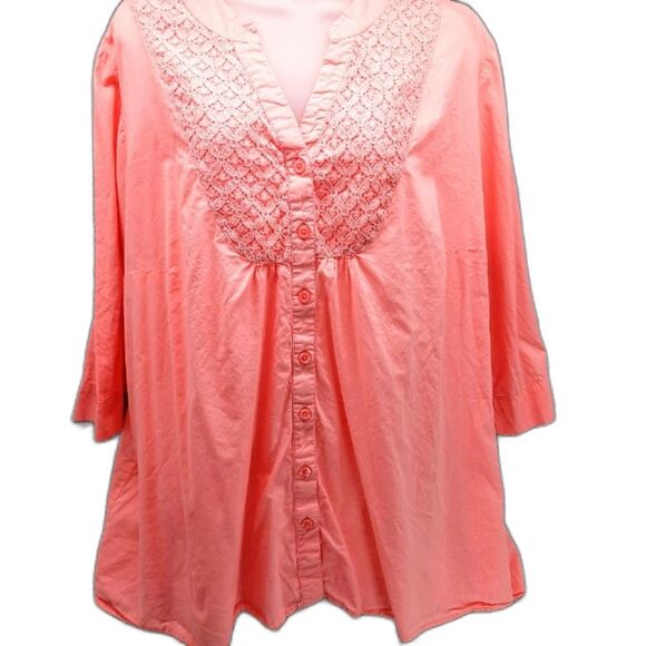 Woman Within 100%Cotton 3/4 Sleeve Embroidered  Button Down Shirt. Size 1X. Pink - Picture 1 of 11